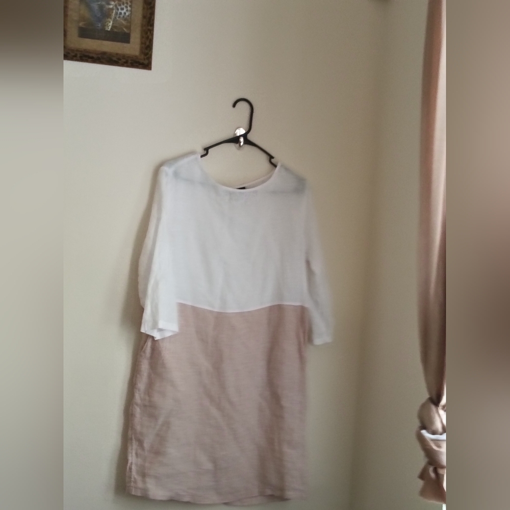 Tahari Dress Women Medium White And Tan Linen Breezy Academia Versatile Preppy